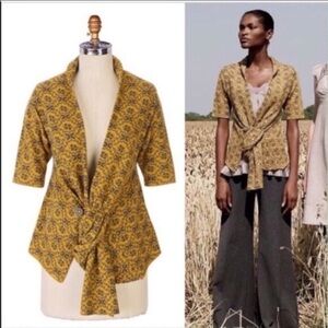 Anthropologie Moth Wool Paisley Tiles Cardigan Size XS Mustard Yellow Gray